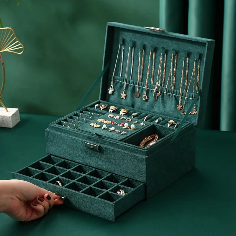 

3-Layers Green Stud Jewelry Organizer Large Ring Necklace Makeup Holder Cases Flannel Jewelry Box with Lock for Women