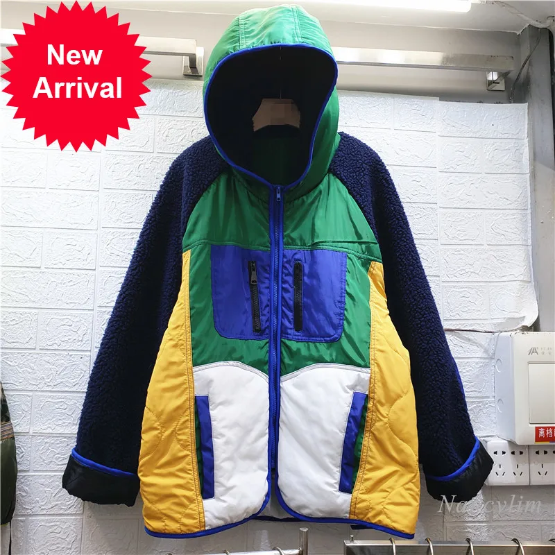 

Oversized Parka Women 2021 Winter Harajuku Style Lamb Wool Patch Loose Hooded Cotton-Padded Coat Students Streetwears