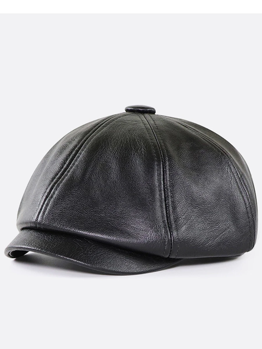 

British Man Leather Octagonal Hat Middle-aged and Elderly Winter Outdoor Warm PU Newsboy Cap Men's Painter Beret