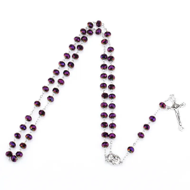 

Vintage Religion Mary Cross Pendant Rosary Necklace Purple Glass Crystal Beads Catholic Prayer Jewelry Accessories For Unisex