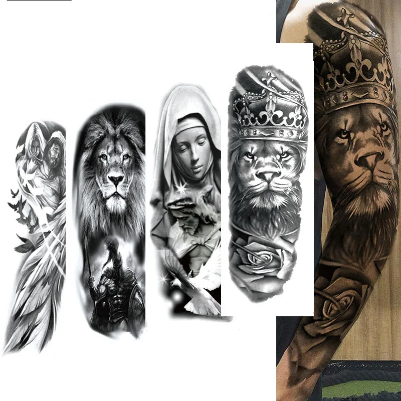 

Large Arm Sleeve Tattoo Lion Crown King Rose Waterproof Temporary Tatoo Sticker Full Skull Totem Tatto