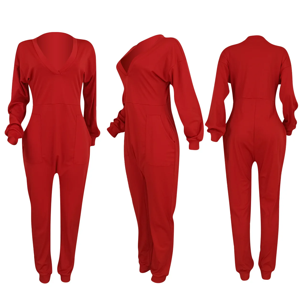 

ANJAMANOR Sexy Jumpsuit Loose Red V Neck Long Sleeve Full Body Jump Suits for Women One Piece Outfit Cozy Lounge Wear D44-CF36