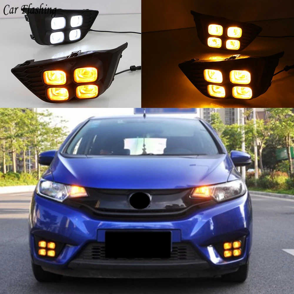 Автомобильный мигающий для Honda jazz fit светодиодный DRL дневные ходовые огни Дневной светильник водонепроницаемый сигнальный желтый светильник для вождения
