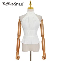 twotwinstyle sexy solid lace up top women stand collar sleeveless fold pleated open back slim vests female 2021 summer fashion