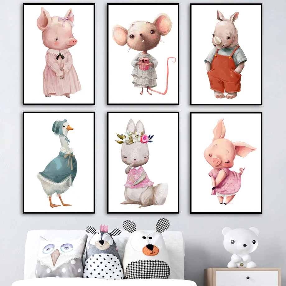 

Wall Art Canvas Painting Rabbit Mouse Pig Rhino Penguin Duck Animal Nordic Posters And Prints Wall Pictures Baby Kids Room Decor