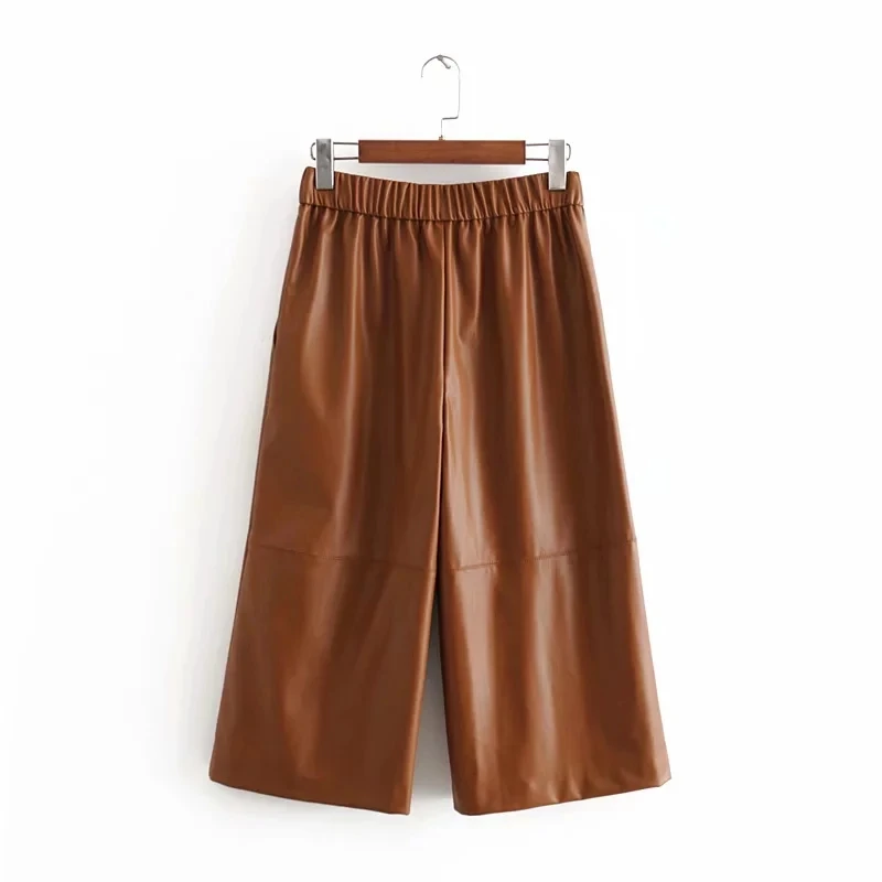 Брюки цвета хаки из искусственной кожи женские широкие брюки уличная одежда