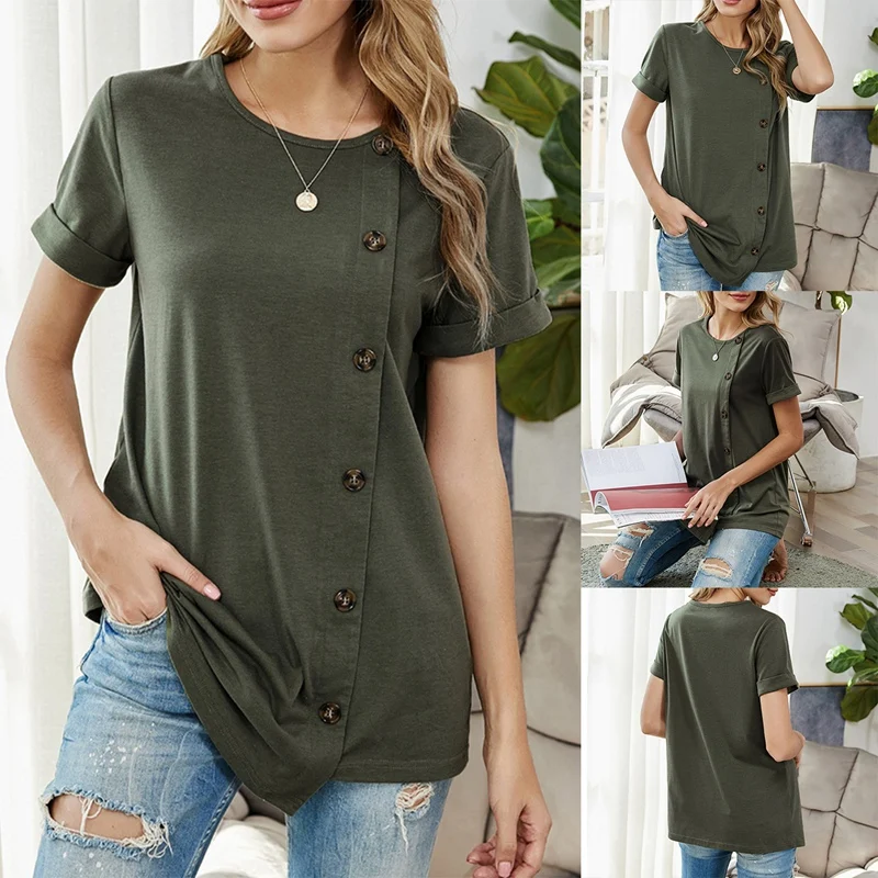 

Round Neck Button Front Casual Women Shirt and Tops Summer Home Style Ladies Short Sleeve Knit Solid T-Shirt