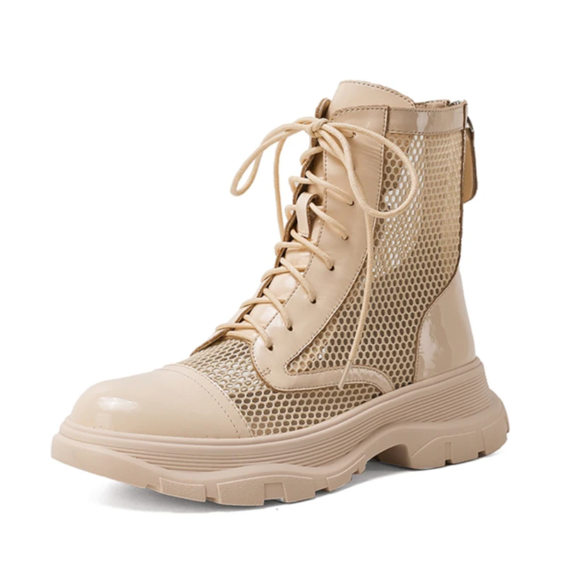

2021 New Classic Women Thick Bottom Black Mesh Summer Boots Round Toe Zipper Lace Up Platform Shoes Woman High Heels Ankle Boots