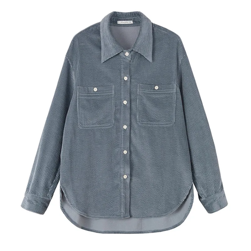 

LANMREM 2021 Blue Vintage Corduroy Shirt Single-breasted Turn-down Collar All-match Loose Long-sleeved Top For Women 2A3105