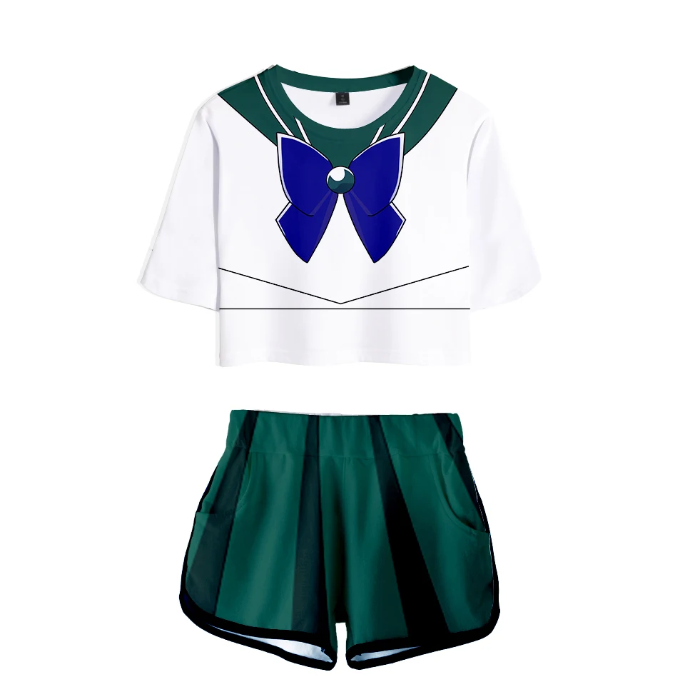 

New Sailor Moon Comic Character Suit 3D Casual Navel T-Shirt + Shorts Lady Two-Piece Fashion 3D Blue Girl Tees Shorts