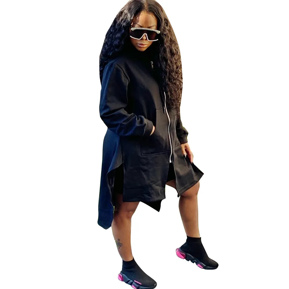 

Best Selling Women Solid Midi Coats 2020 Winter Lady's Hooded Full Sleeve Drawstring Pockets Irregular Fleece-lined Overcoats