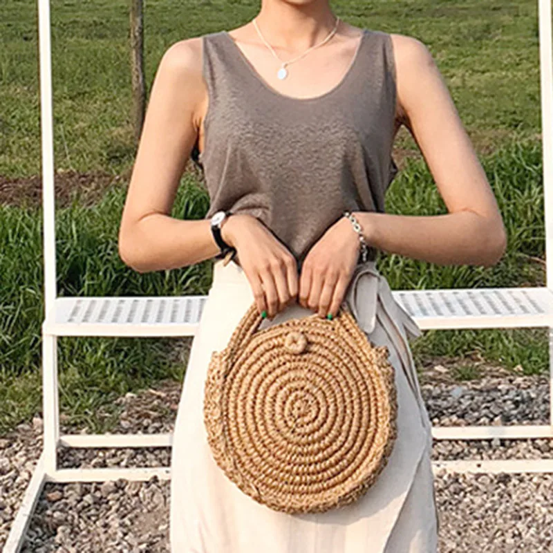 Тканая круглая соломенная сумка для хранения летняя ручная работа ретро