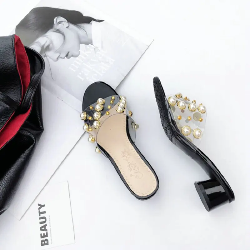 Женские прозрачные шлепанцы с открытым носком si001 белые сандалии из ПВХ жемчугом