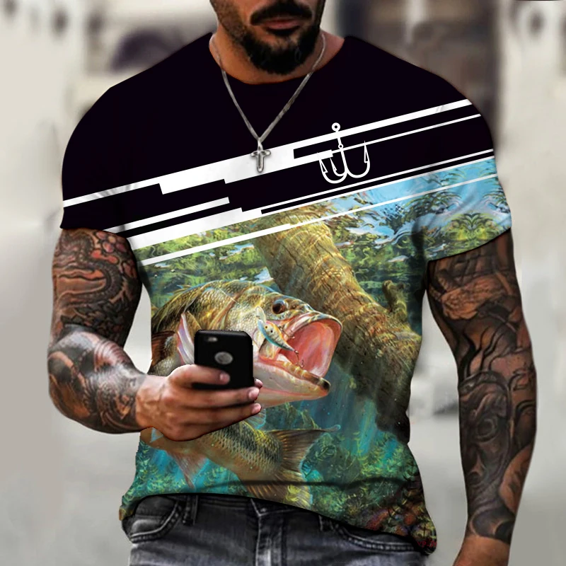 

Outdoor Fishing Fish 3D Printing Men's T-shirt Plus Size Shirt Round Neck Short-sleeved Harajuku Style Hip-hop Summer T-shirt