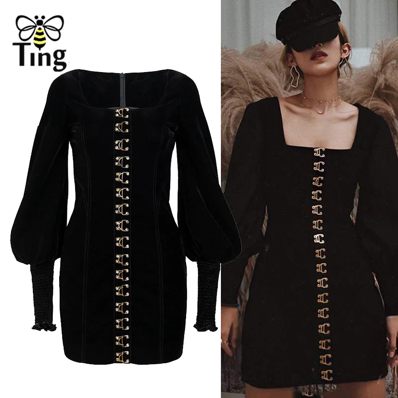 Tingfly дизайнерский стиль мода квадратный вырез черное бархатное обтягивающее