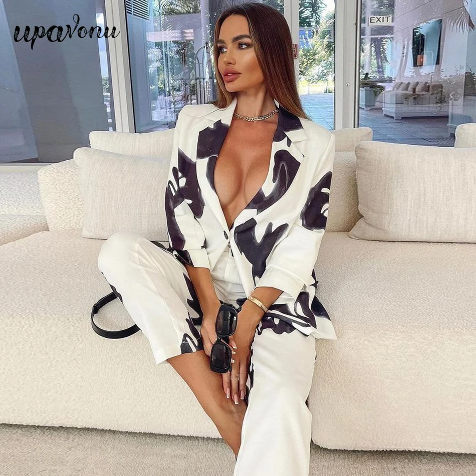 

Free Shipping 2022 Spring New OL Irregular Print Women'S Suit Blazer&Pants 2 Two-Piece Set Fashion Elegant Party Office Sets