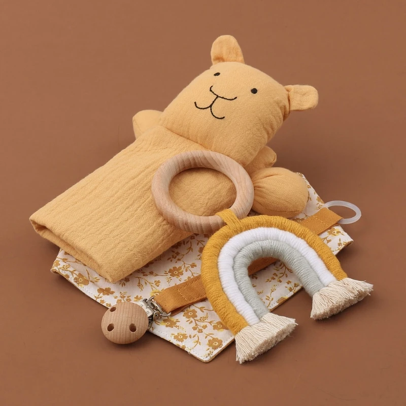 

Baby Shower Gift Set Wooden Rainbow Teether Newborn Sleeping Dolls Soothe Appease Towel Infant Pacifier Clips Double Sided Bibs