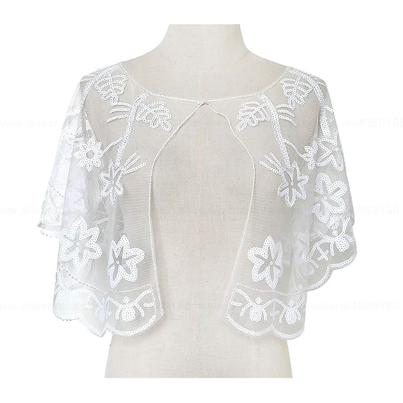 White Shawl -A Винтажная черная сетка 1920s& блестки Хлопушка капель розовый/бежевый/Абрикосовый/розовый - Цвет: White Shawl -A
