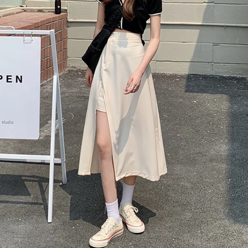 

Женская длинная юбка-трапеция, повседневная однотонная трапециевидная юбка с высокой талией, модель W417 в Корейском стиле на лето, 2021