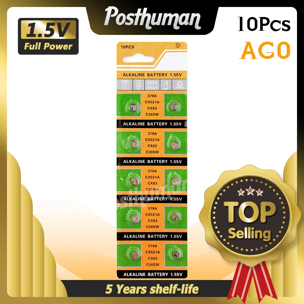 Батарейки AG0 10x щелочные кнопочные для часов 379 SR521SW D379 V379 V520 280 59 GP379 SR63 618 JA