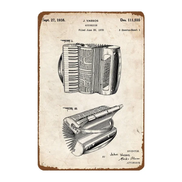 

Accordion 1938 Print Wall Art Poster Blueprint Gifts Music Room Decor Vintage Tin Metal Sign Bar Club Cafe Gara