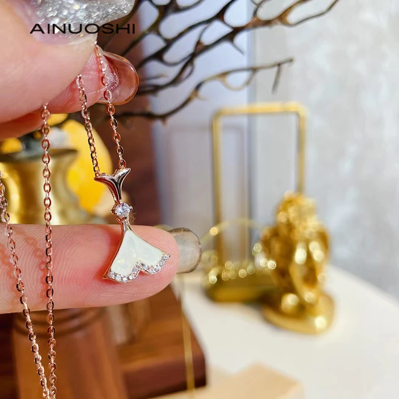 

AINUOSHI ожерелье из стерлингового серебра 925 пробы с подвеской в виде ракушки и юбки с цирконом цепочка из белого розового золота элегантные ювелирные изделия высокого качества