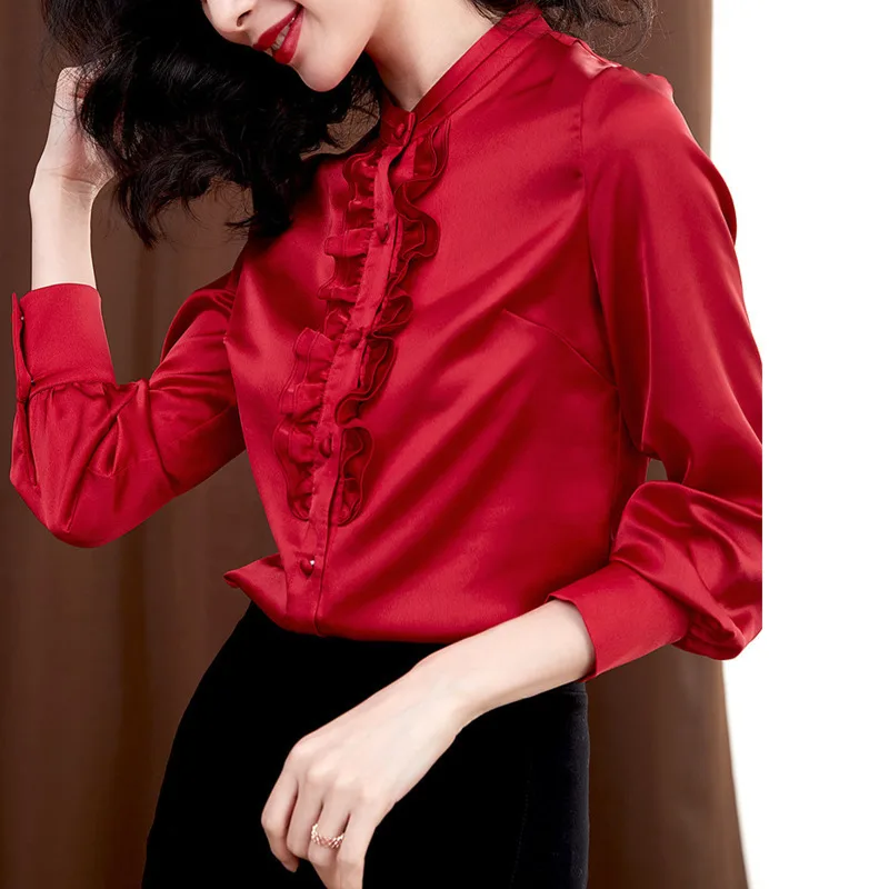 LIBERJOG женская рубашка сплошной цвет край листа лотоса атлас длинный рукав занятие