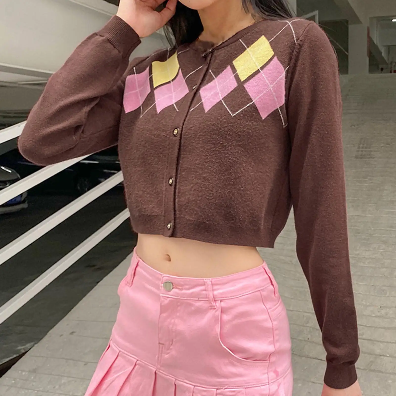 

Women Long Sleeve Single-breasted Crop Top Rhombus Print Knitwear Slim Blouse