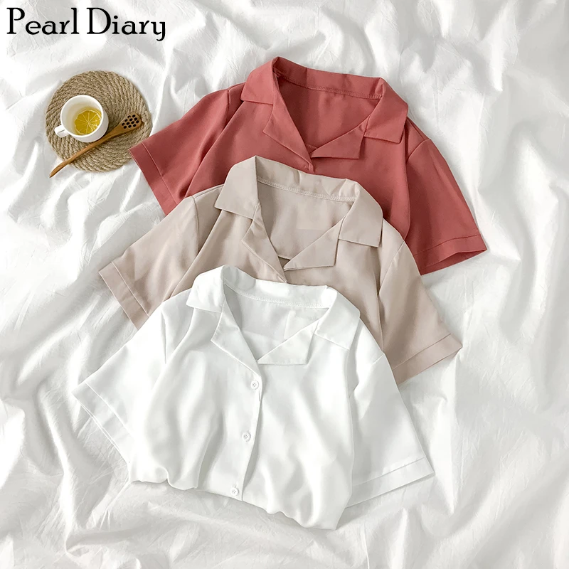 

Pearl Diary Women Chiffon Boxer Shirts Summer Button Front Short Sleeve Plus Size Shirt Femme Plain Casual Woven Drapey Shirts