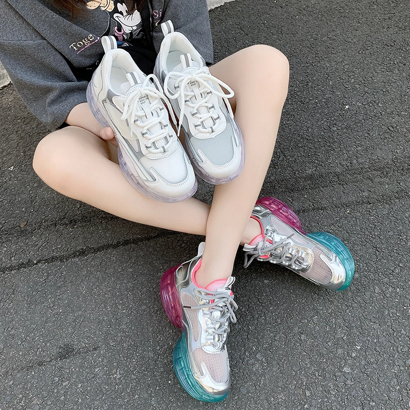 

Retro wild breathable casual sports shoes summer new crystal bottom contrast color old shoes female Z536