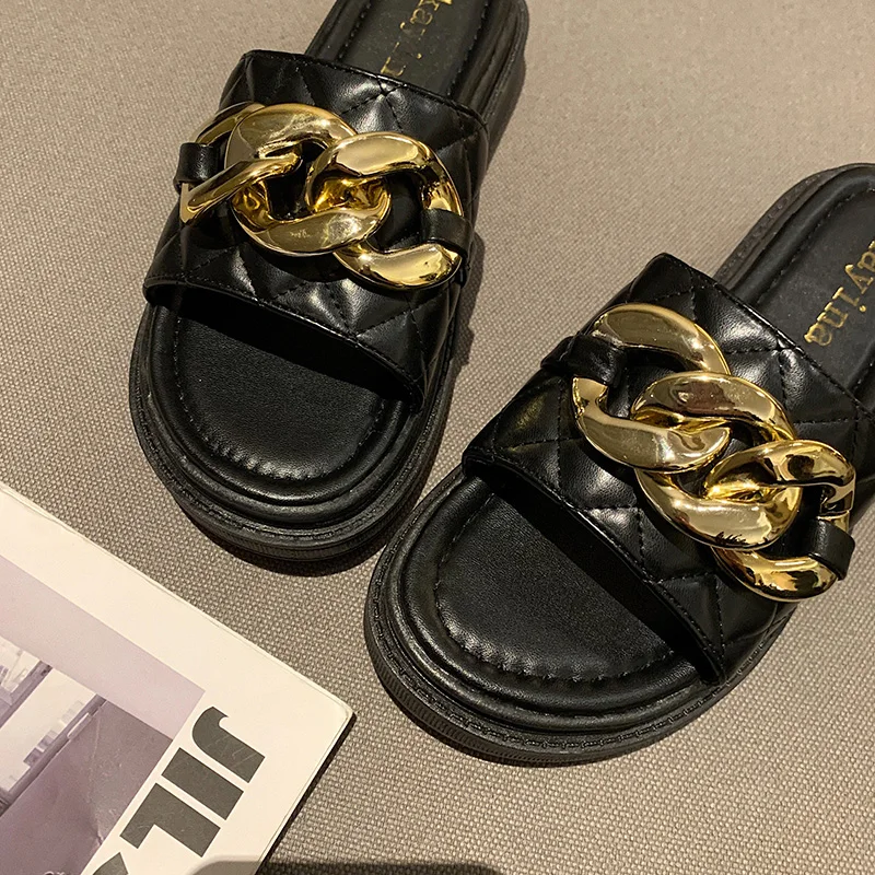 

2021 Summer Women Slippers Flat With Slides Fashion Shoes Woman Metal Outdoor Sandals Female Flip Flops Ladies Slippers Shoes