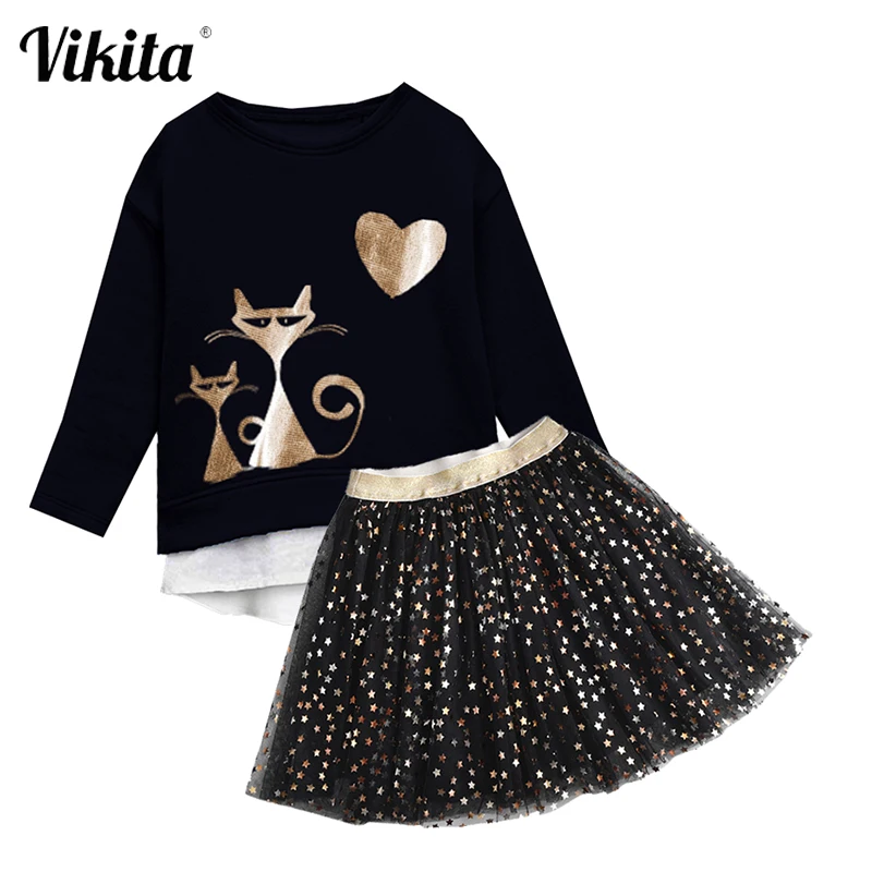 

VIKITA/Одежда для девочек; Осенне-весенний костюм; Детская повседневная одежда; Топы; Футболка и юбка-пачка с блестками; Детская одежда из 2 пред...