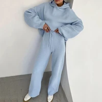 casual stripe womens suit home two piece blue knitting suit autumn winter indoor warm suit hooded long sleeve loose home set