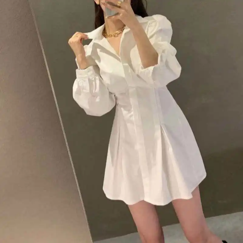

Work Style Office Lady Solid Slim Dress Women High Waist Hip A Line Vestidos Turn Down Collar Long Sleeve Simple Robe