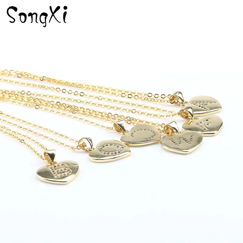 Women Girls Initial Letter Heart Shape Necklace Gold Color 26 Letters Necklaces Pendants Copper CZ Alphabet Jewelry | Украшения и
