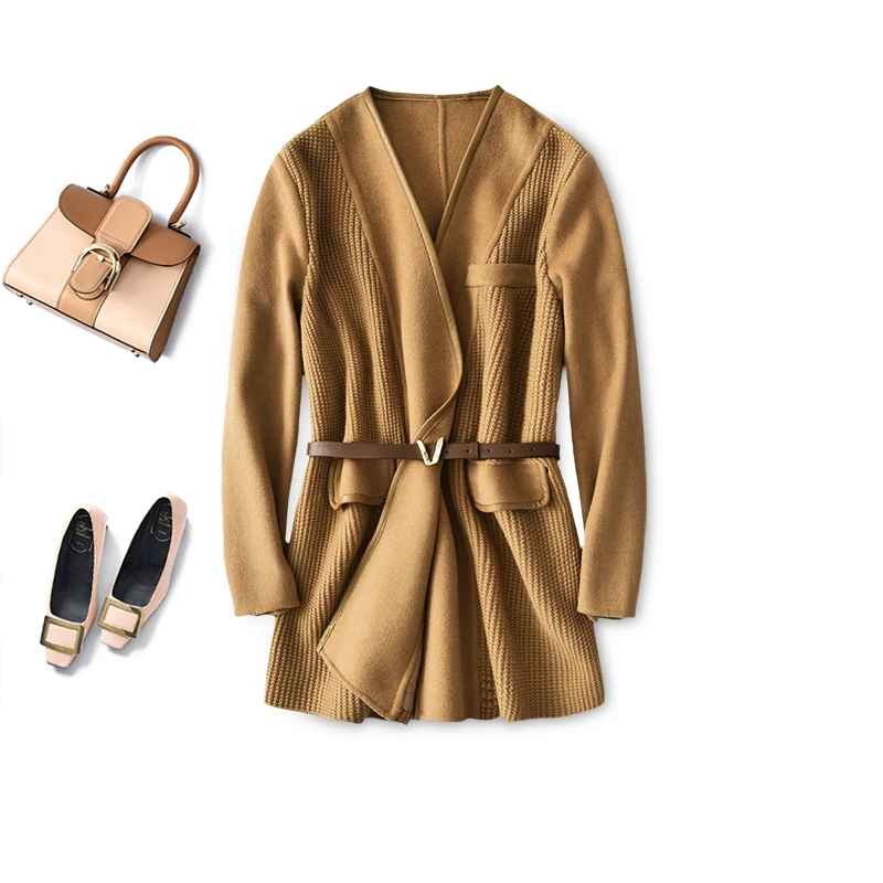 

Shuchan Knit Patchwork Wool Woman Winter Coats and Jackets Adjustable Waist High Street V-Neck Belt Wide-waisted Korean Coat