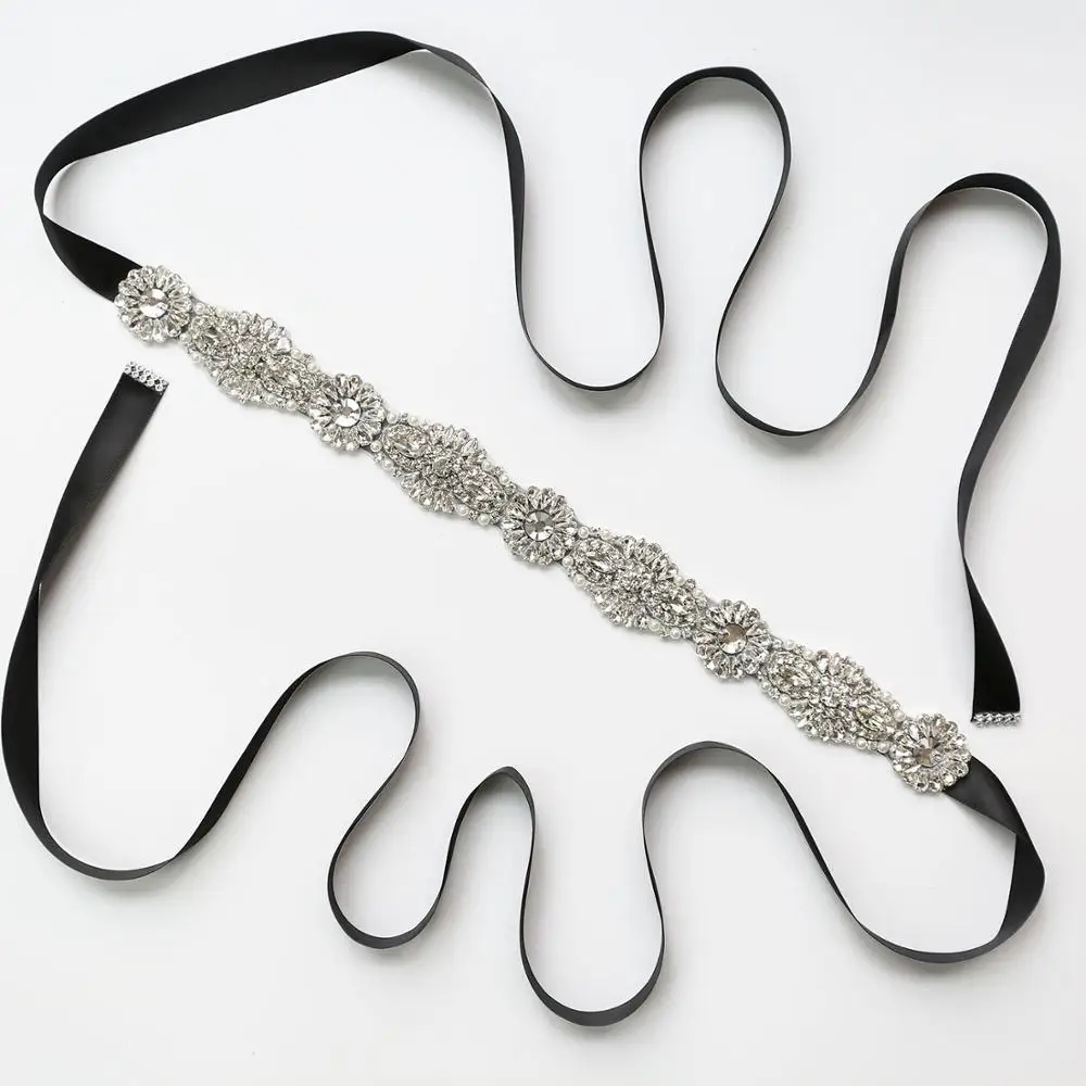 Черная лента свадебный пояс для невесты платья подружек серебряные стразы