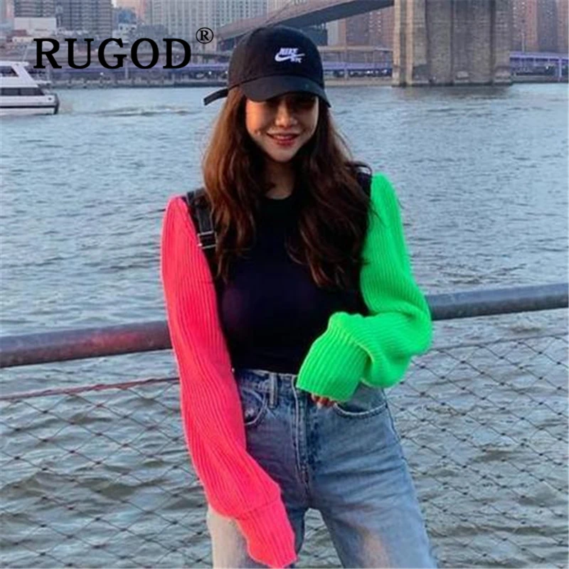 RUGOD, корейское, шикарное лоскутное, свитер, женский, модный, Круглый, с рукавом-фонариком, вязанный, для девушек, пуловеры, Осень-зима, повседневные пальто
