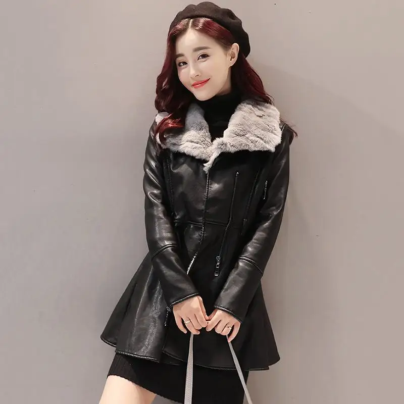 

Женская осенне-зимняя куртка из искусственной кожи с бархатной подкладкой, облегающее пальто из искусственной кожи, женская модная Байкерс...