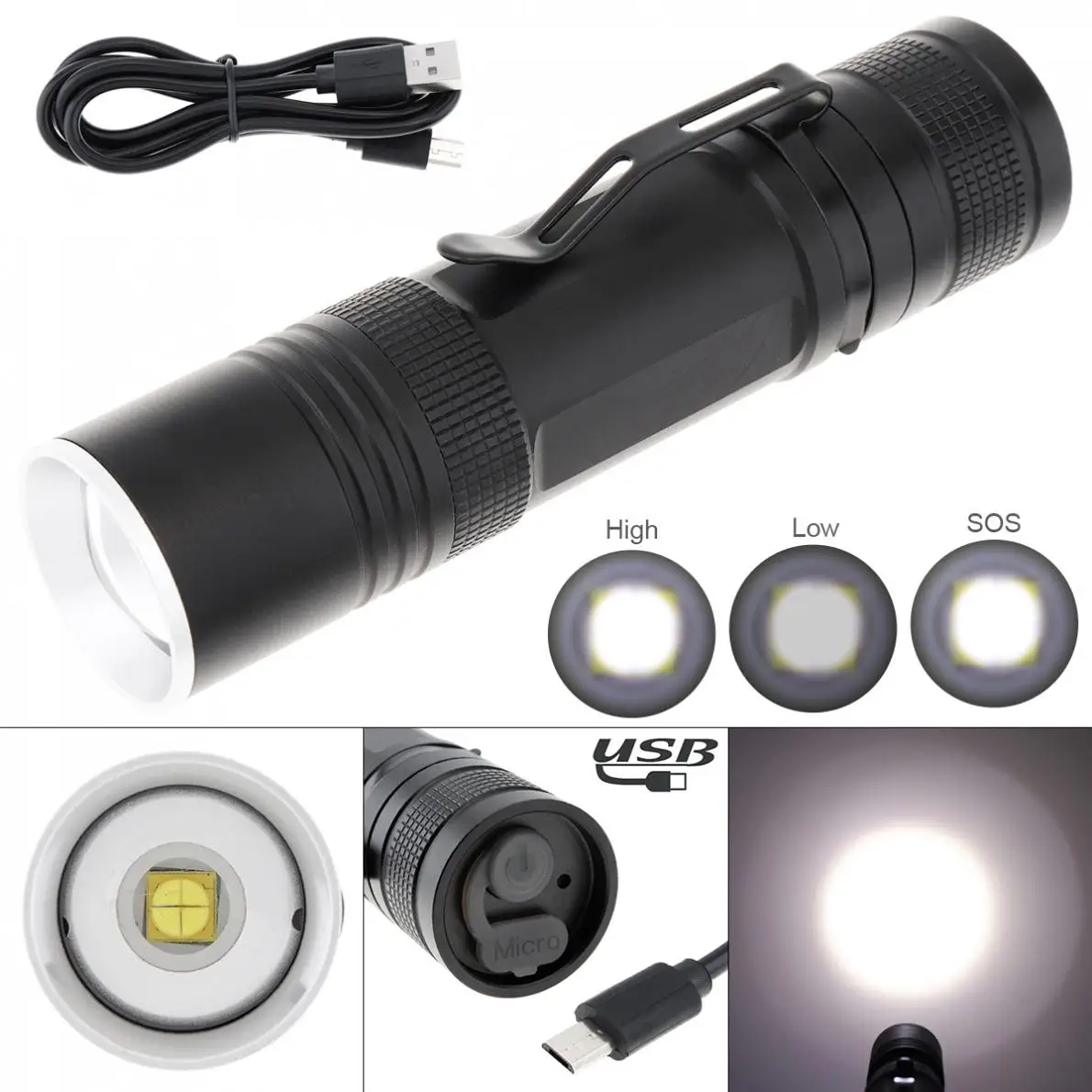 

Super Bright 500m 2000LM LED Telescopic Focusing Flashlight 3 Modes Waterproof with Rechargeable Battery/USB/Design of Pen Clip