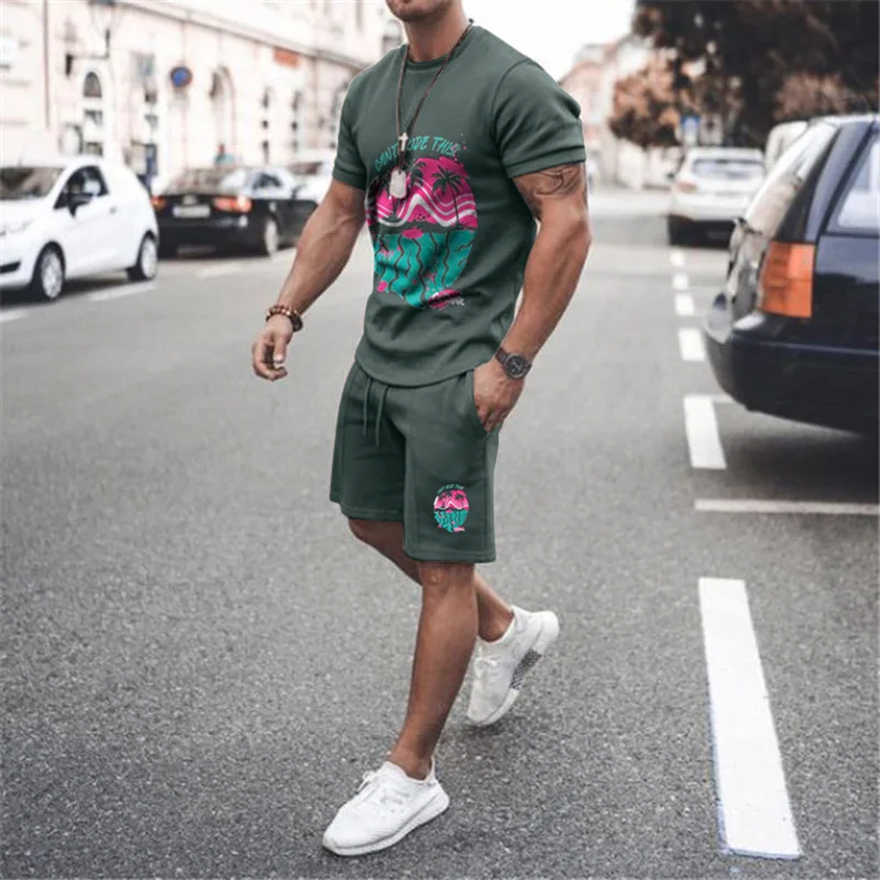 

2021 summer short-sleeved T-shirt shorts suit streetwear men's retro printed sportswear casual men's 2-piece set 6XL large size