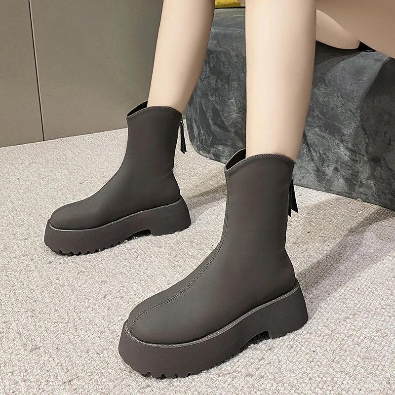 

Женские ботинки челси на молнии сзади, осенние ботинки из искусственной кожи на плоской подошве, с круглым носком, на молнии, осень 2021