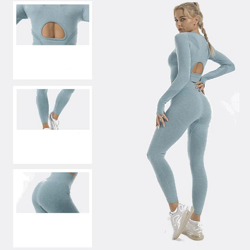 

Pink Seamless Women Yoga Set Workout Sportswear Gym Clothing Fitness Long Sleeve Crop Top High Waist Leggings Sports Suits
