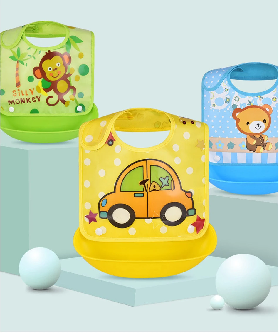 

Cartoon printed baby safety bibs for boys and girls bibs waterproof soft silicone bibs for children with pocket bibs