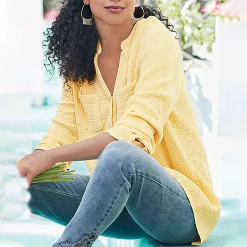 

Cotton and linen Soild V-neck loose large size women shirts ladies Vintage long sleeves shirt 2021 women's summer casual blouse