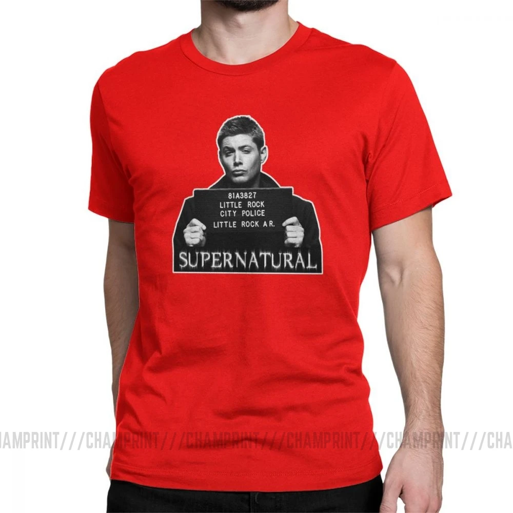 Dean Mugshot футболка Сверхъестественное SPN Brothers футболка мужские топы размера плюс забавная футболка с круглым вырезом из чистого хлопка - Цвет: Красный