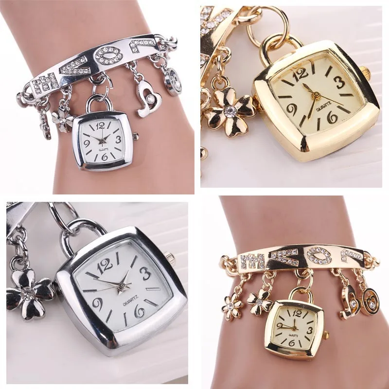 

Fashion Women Watches Love Rhinestone Chain Bracelet Square Ladies Watch Pendant Gifts reloj mujer montre femme /d