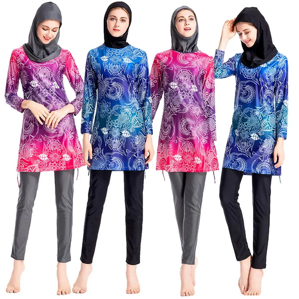 Женский Мусульманский купальник Burkini 3 шт. с длинным рукавом и цветочным принтом