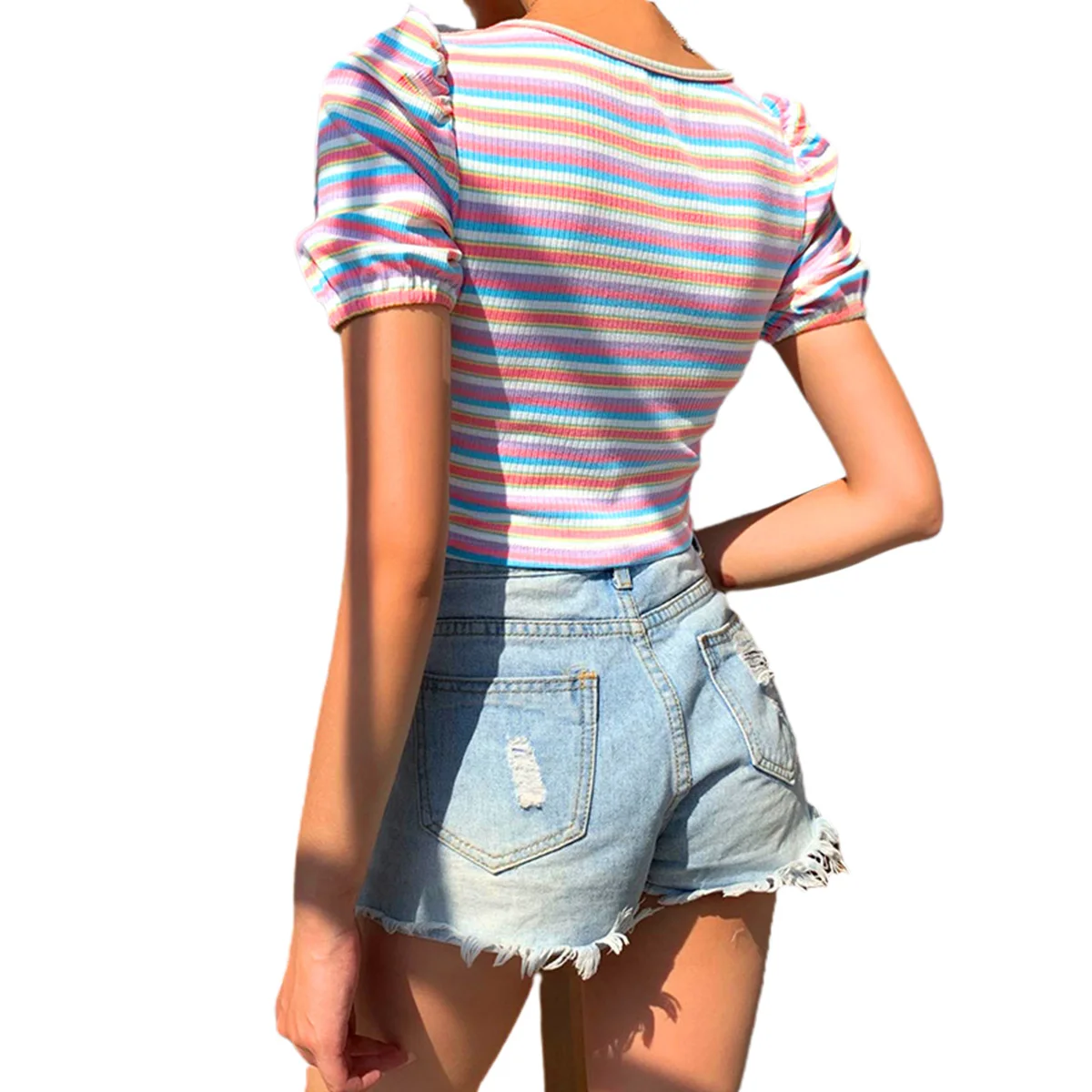 

Women's Bubble Sleeve Striped Crop Top Summer Fashion Buttons Tops for Ladies Girls T-shirt