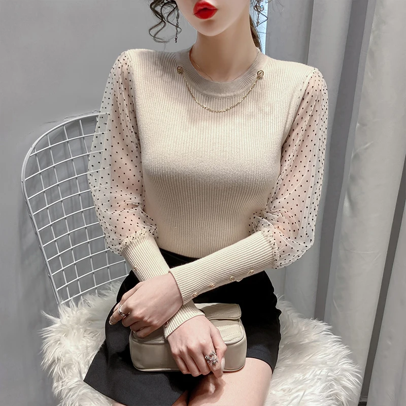 

Womens Knit Pullover Autumn Sweater Women Knitted Dot Mesh Long Sleeve Winter Sweater Women Slim Vintage Sweater